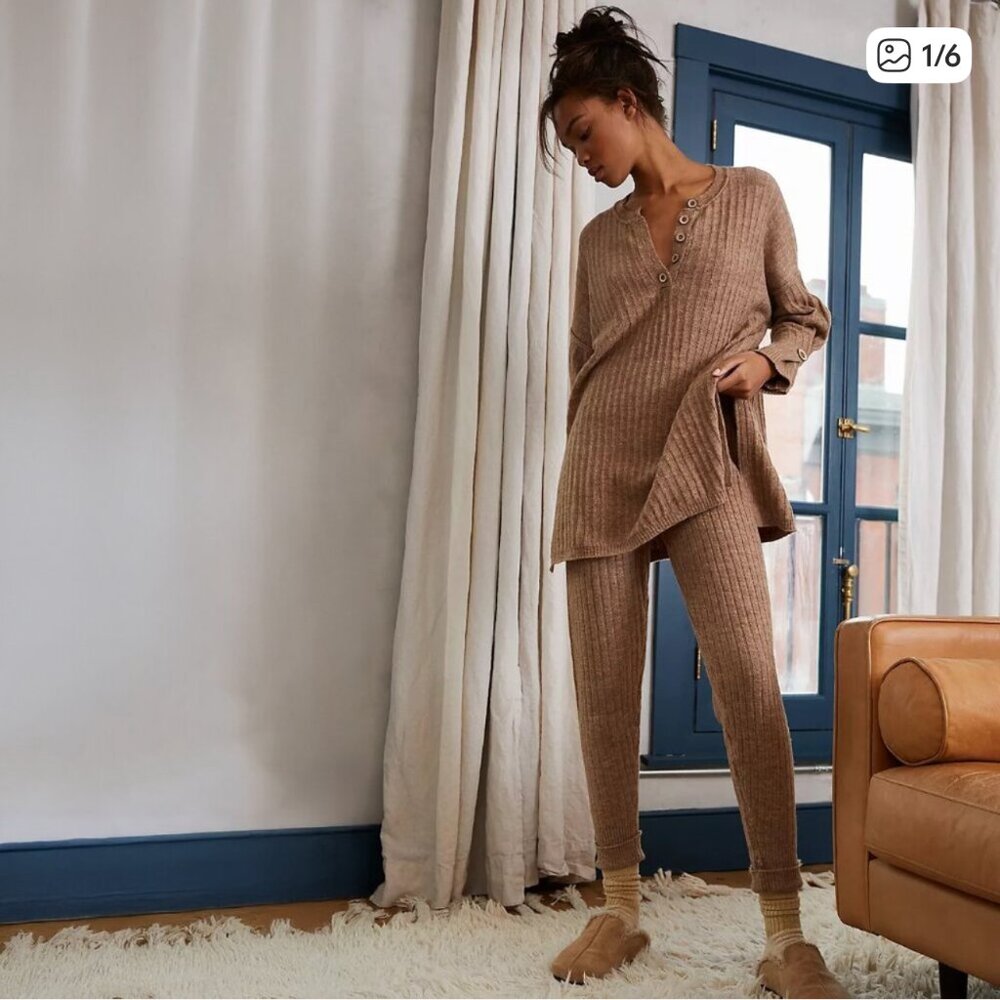 Free People Around The Clock Ribbed Lounge Sweater Pant Set Tan XS Top & Joggers